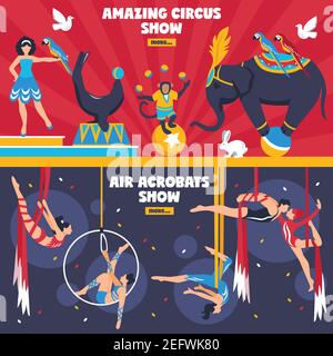 Circus performers horizontal banners set with flat dancing animals equilibrists hanging air acrobats with more button vector illustration Stock Vector