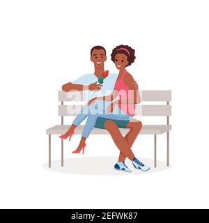 Romantic date couple in love in park, happy young man woman lovers sitting on bench Stock Vector