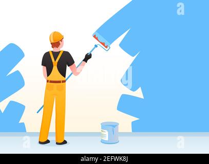 Painter decorator repairman people at work, holding paintbrush roller, painting wall Stock Vector