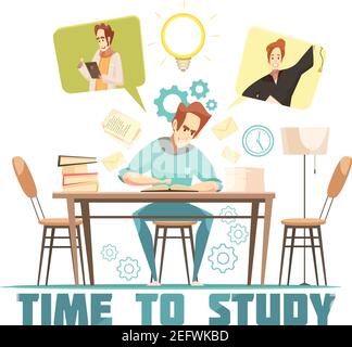 Student sitting at table, reading and thinking above book cartoon design concept on white background vector illustration Stock Vector