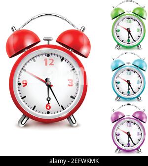 Colored alarm clock icon set the big one and three little on the right side vector illustration Stock Vector