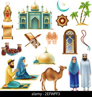 Ramadan muslims holy month religious symbols traditional objects food clothing realistic icons collection isolated vector illustration Stock Vector