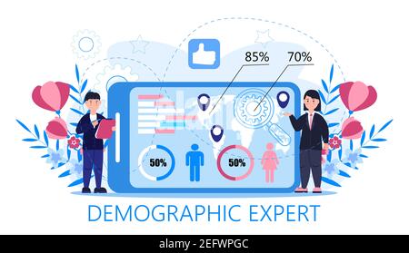 Demographer concept vector for landing page. Growth population in the world. Demographic experts analyzing data numbers of women, men, families. Diagr Stock Vector