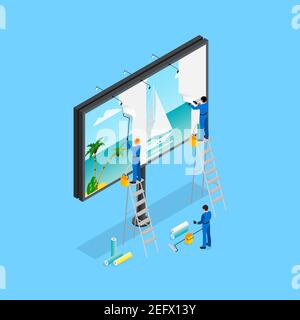 Advertising isometric concept with billboard  on blue background isometric vector illustration Stock Vector