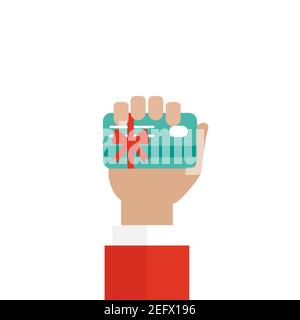 Santa's hand holds credit debit card with red bow and ribbon. Vector flat illustration on blue. Give, receive, take, earn money. Financial success, sa Stock Vector
