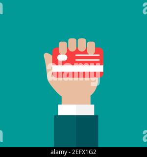 Hand with credit debit card with red bow and ribbon. Vector flat illustration on blue. Give, receive, take, earn money. Financial success, salary, inv Stock Vector