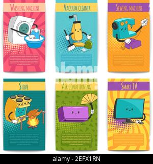 Six colored comic posters on domestic theme with household appliances in cartoon style flat vector illustration Stock Vector