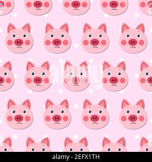 Vector flat animals colorful illustration for kids. Seamless pattern with cute pig face on pink polka dots background. Adorable cartoon character Stock Vector