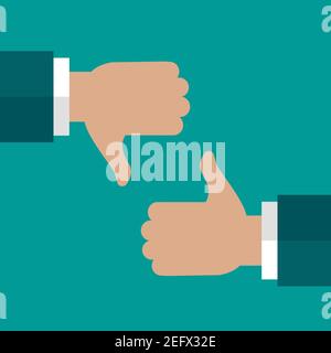 Hand with thumb up and down on blue background. yeas and no, pros and cons, like and dislike, negative and positive symbol. Vector illustration. mark, Stock Vector
