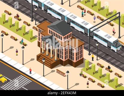 Government building isometric composition of classic architecture railway station and urban environment with high-speed train vector illustration Stock Vector