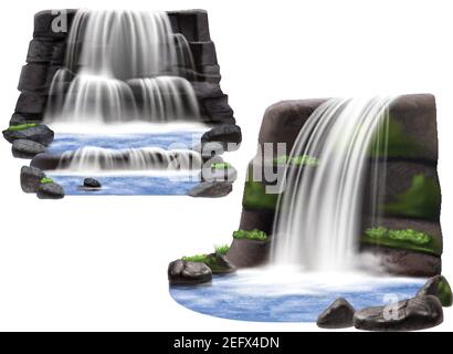 Vector realistic set of waterfalls isolated on blue background. Water ...