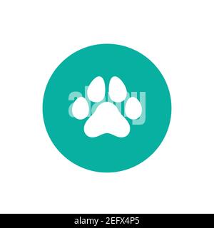 white cat trace in blue circle. icon isolated on white. Vector flat illustration. White background with kitty paw footprint, footstep. Stock Vector