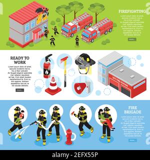 Horizontal isometric banners set with firefighter equipment department station and brigade putting out fire 3d isolated vector illustration Stock Vector