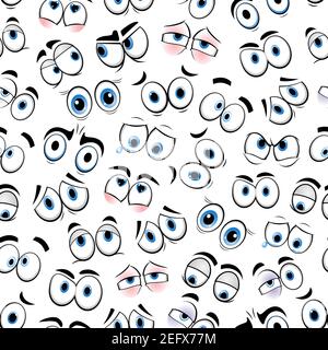 Cartoon eyes or smiles emoticons seamless pattern background. Vector backdrop of emoji faces expressions with eyes sad happy and smiling or crying tea Stock Vector