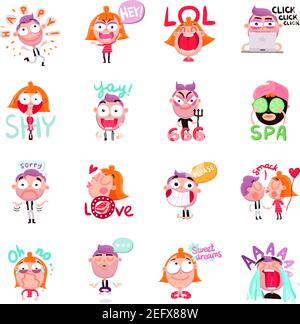 Funny people expressing various emotions with speech bubbles cartoon set isolated on white background vector illustration Stock Vector