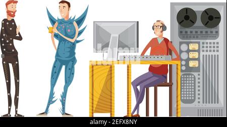 Making movie sound recording set with engineer with audio equipment and actors in costumes isolated vector illustration Stock Vector
