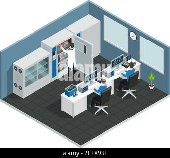 Scientific laboratory workplace isometric  concept with equipment for research and scientists looking at computer screen vector illustration Stock Vector