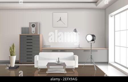 Realistic lounge interior 3d design with white sofa, drawers with loudspeaker, floodlight, clock on wall vector illustration Stock Vector