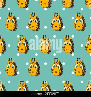 Vector flat animals colorful illustration for kids. Seamless pattern with cute giraffe face on blue polka dots background. Adorable cartoon character Stock Vector