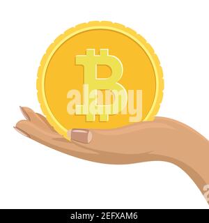 Bitcoin coin in female hand. Flat and solid color vector illustration. Stock Vector