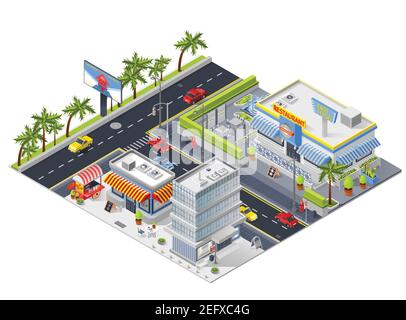 Urban landscape isometric composition with street restaurant building and small cafe for snack isometric vector illustration Stock Vector