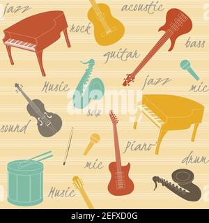 Seamless pattern with musical instruments silhouettes and text Stock Vector