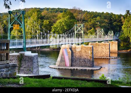 View of the Lumberville-Raven Rock Bridge Over the Delaware River from the Pennsylvania Side, Bucks County Stock Photo