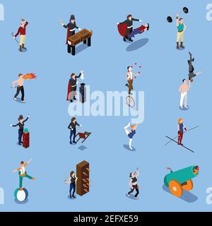 People from magic show isometric set with illusionist strongman gymnasts juggler artist with fire isolated vector illustration Stock Vector