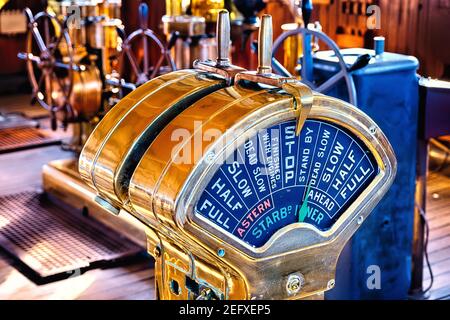 Close Up View of a Classic Brass Chadburn of the RMS Queen Mary Ocean Liner Stock Photo