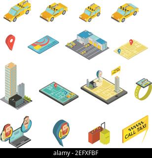 Taxi and gadgets isometric set including cars, houses, payment card, map, smart watch, baggage isolated vector illustration Stock Vector