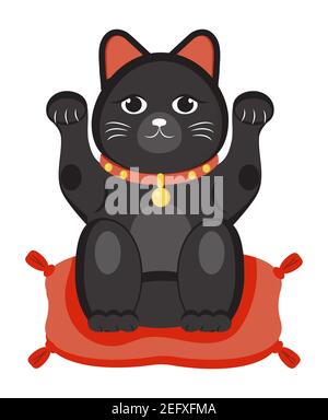 Maneki neko black vector isolated on white background. Lucky cat in japanese traditional culture. Talisman or mascot symbol in flat style. Stock Vector