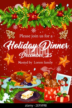 Christmas dinner banner for winter holidays celebration invitation template. Turkey, cookie, gingerbread and mulled wine festive poster with Xmas tree Stock Vector