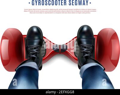 Riders feet in black shoes on red two-wheeled self-balancing gyro scooter realistic top view vector illustration Stock Vector