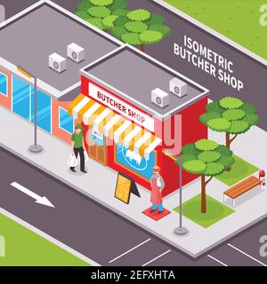 Butcher shop outside isometric design with advertising striped awning passing man road infrastructure and trees vector illustration Stock Vector