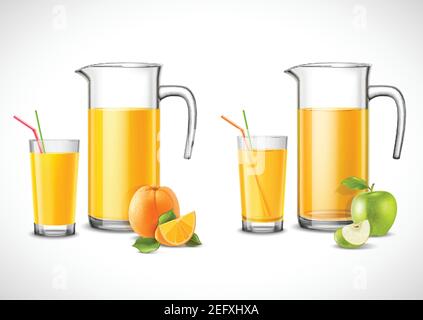 Jugs and glasses with apple and orange juice fruit with leaves on white background isolated vector illustration Stock Vector