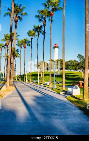 Park with a Walkway Leading to a Lighthouse, Long Beach, California Stock Photo