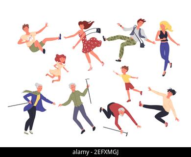 People fall set, woman man and child falling on slippery road, elderly persons slip Stock Vector