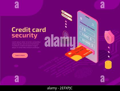Credit card security isometric landing page. Money and personal data protection, secure payments concept. Bank payment application, shield guard to protect identity information on smartphone screen. Stock Vector