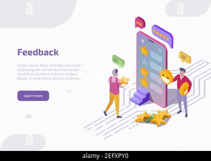 Feedback isometric landing page, web banner. Clients stand at smartphone screen leaving review and put stars in mobile app. Customers evaluate product or service technology. 3d vector illustration. Stock Vector