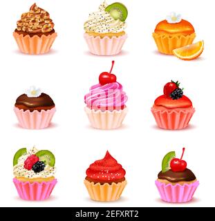 Bright realistic cupcakes with various fillings assortment set isolated on white background vector illustration Stock Vector