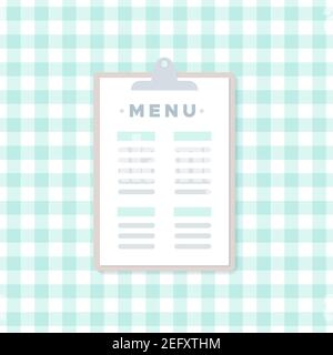 Clipboard icon. Menu restaurant. Turquoise checkered tablecloth. Vector illustration, flat design Stock Vector