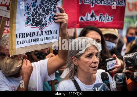 Úrsula Bahillo's mother speaks to the press during the demonstration.The feminist movement “ Ni Una Menos” concentrated at the Courthouse in repudiation of the Justice’s reaction, after the femicide of Úrsula perpetrated by Matías Martínez in the town of Rojas, Buenos Aires. Stock Photo