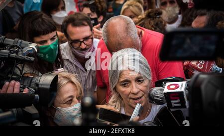 Úrsula Bahillo's mother speaks to the press during the demonstration.The feminist movement “ Ni Una Menos” concentrated at the Courthouse in repudiation of the Justice’s reaction, after the femicide of Úrsula perpetrated by Matías Martínez in the town of Rojas, Buenos Aires. Stock Photo