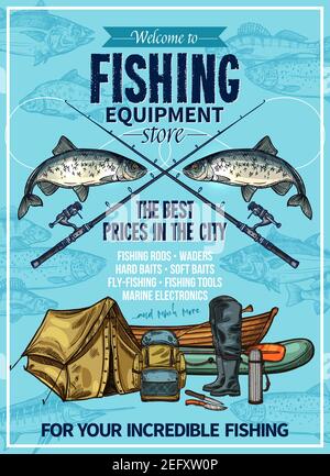 Fishing store sketch poster design of fisherman equipment for fishing. Vector fisher rod and inflatable boat or rubber boots, fishing tackles of hooks Stock Vector