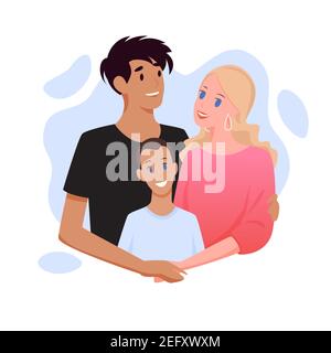 Family with different nationality people, happy parent characters hug boy son with love Stock Vector