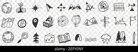 Navigation tools and equipment doodle set. Collection of hand drawn maps globes arrows compass orienteering on nature traveling tools magnet geotags navigator isolated on transparent background Stock Vector