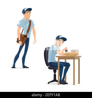 Postman at work in post office vector flat icons of mailman working. Isolated postman character in uniform with messenger bag delivering parcels or st Stock Vector