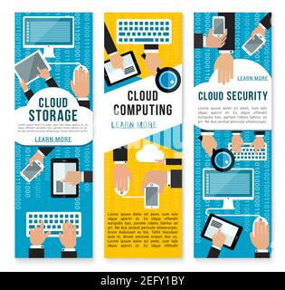 Cloud internet technology banners for cloud storage, computers and digital security. Vector flat design of web search and cloud storage for smartphone Stock Vector