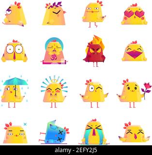Funny chicken animation cartoon character icons big set  with crying dead love happy surprised mood isolated vector illustration Stock Vector