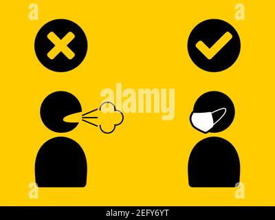 No Face Mask No Entry Sign showing Person Coughing or Sneezing without Mask and Person Wearing a Mask Icon. Vector Image. Stock Vector